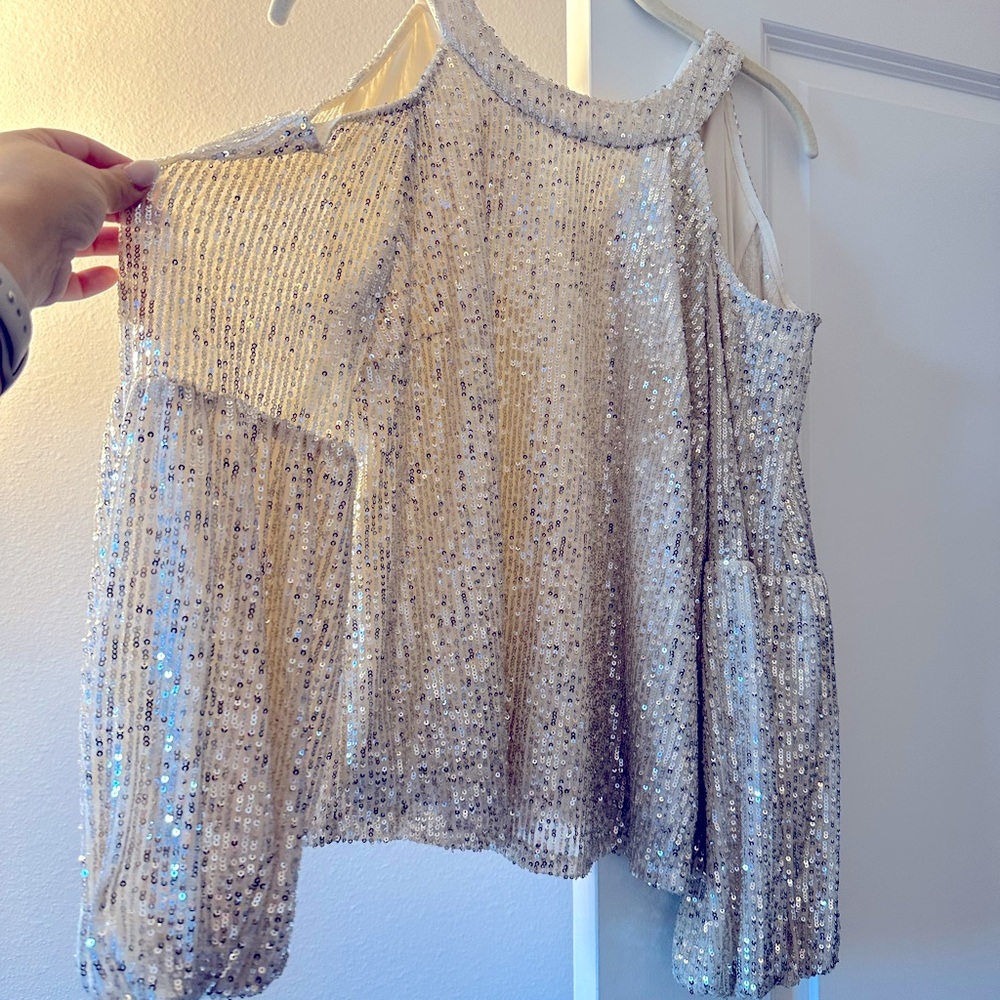 Sequin cold shoulder puff sleeve top off white